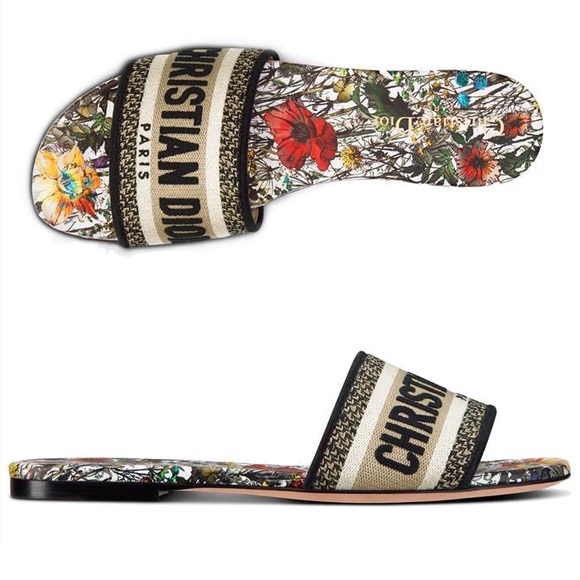 CHRISTIAN DIOR Dway Slide Sandal Cream and black Embroidered Cotton - Picture 3 of 10